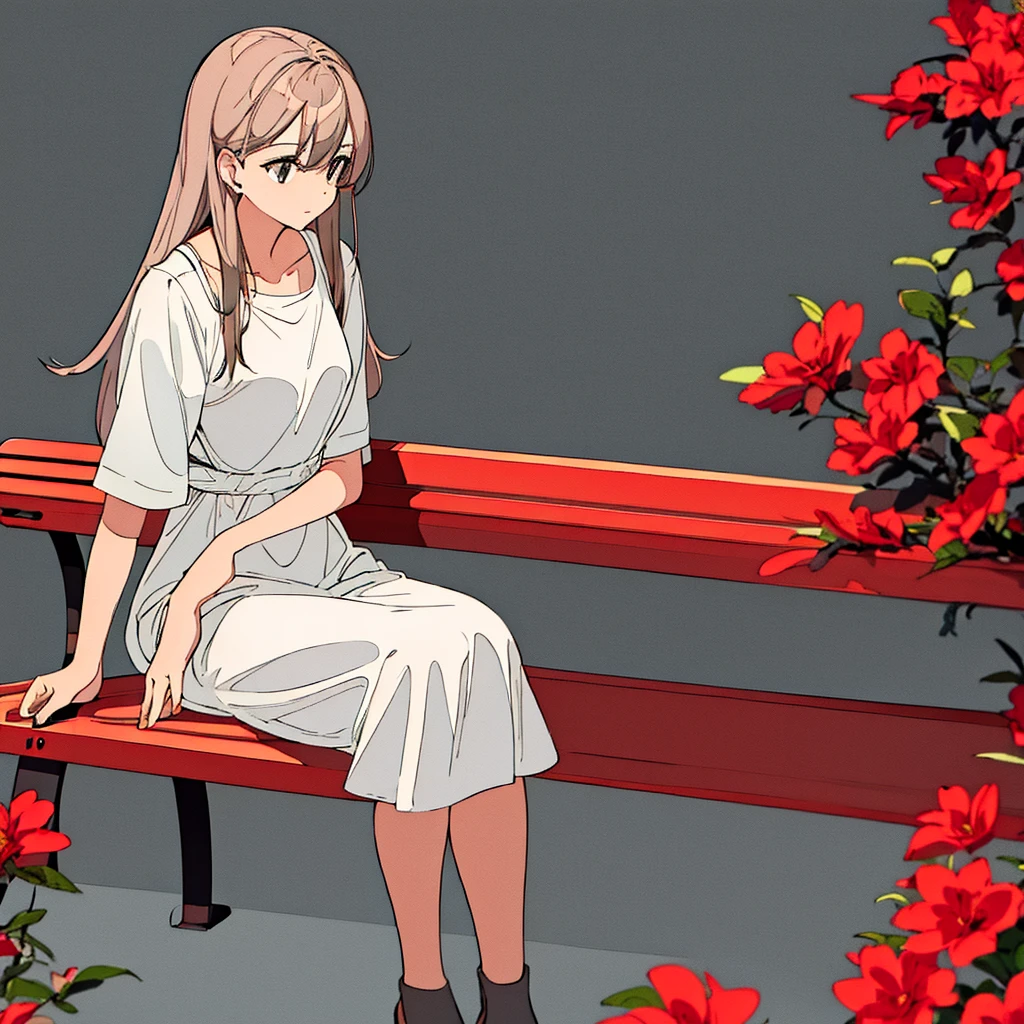 Light gray plain background Woman sitting on a bench Red flowers Simple