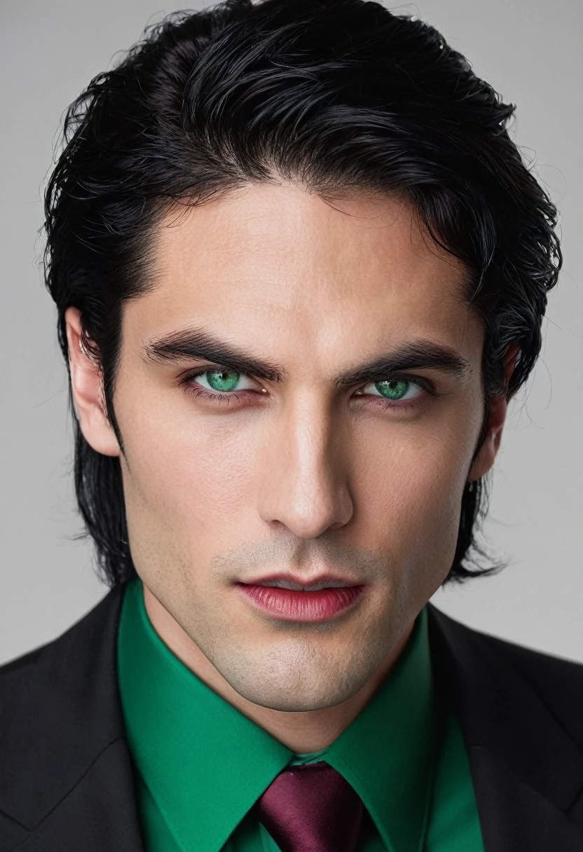 30 years old man. Bblack hair, green eyes like emerald, defined jaw, marked dashes, fine lips, dark and wild expression, wearing an entirely black suit, burgundy tie, Vampire appearance, he is the Ceo, virility, masculinity, European man, BUSINESSMAN, vampiresco
