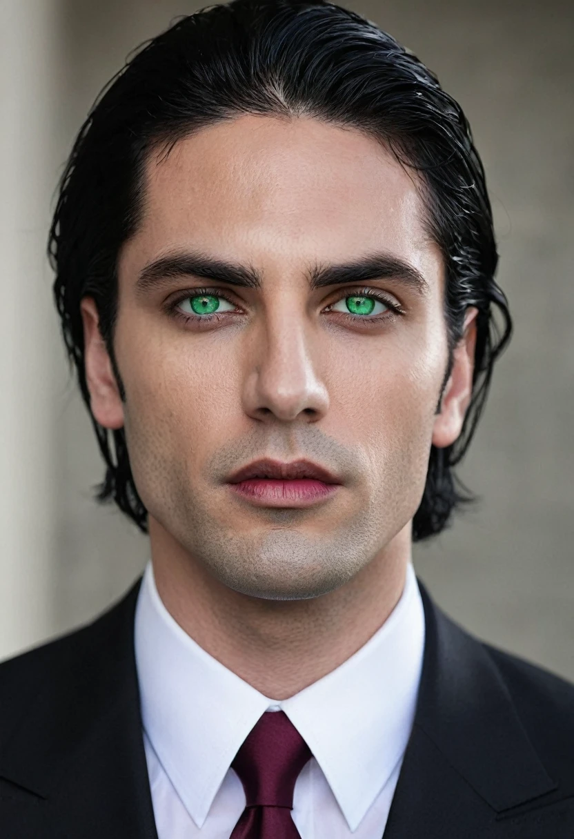30 years old man. Bblack hair, green eyes like emerald, defined jaw, marked dashes, fine lips, dark and wild expression, wearing an entirely black suit, burgundy tie, Vampire appearance, he is the Ceo, virility, masculinity, European man, BUSINESSMAN, vampiresco