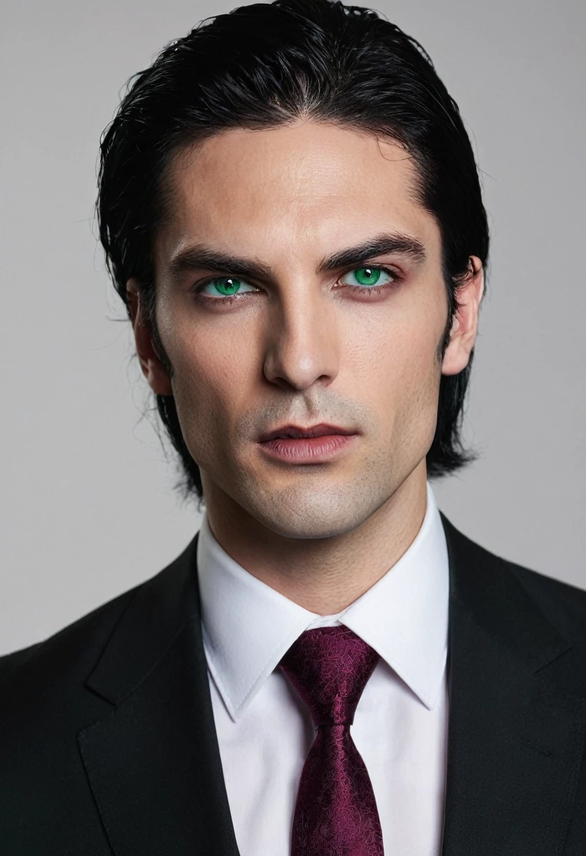 30 years old man. Bblack hair, green eyes like emerald, defined jaw, marked dashes, fine lips, dark and wild expression, wearing an entirely black suit, burgundy tie, Vampire appearance, he is the Ceo, virility, masculinity, European man, BUSINESSMAN, vampiresco