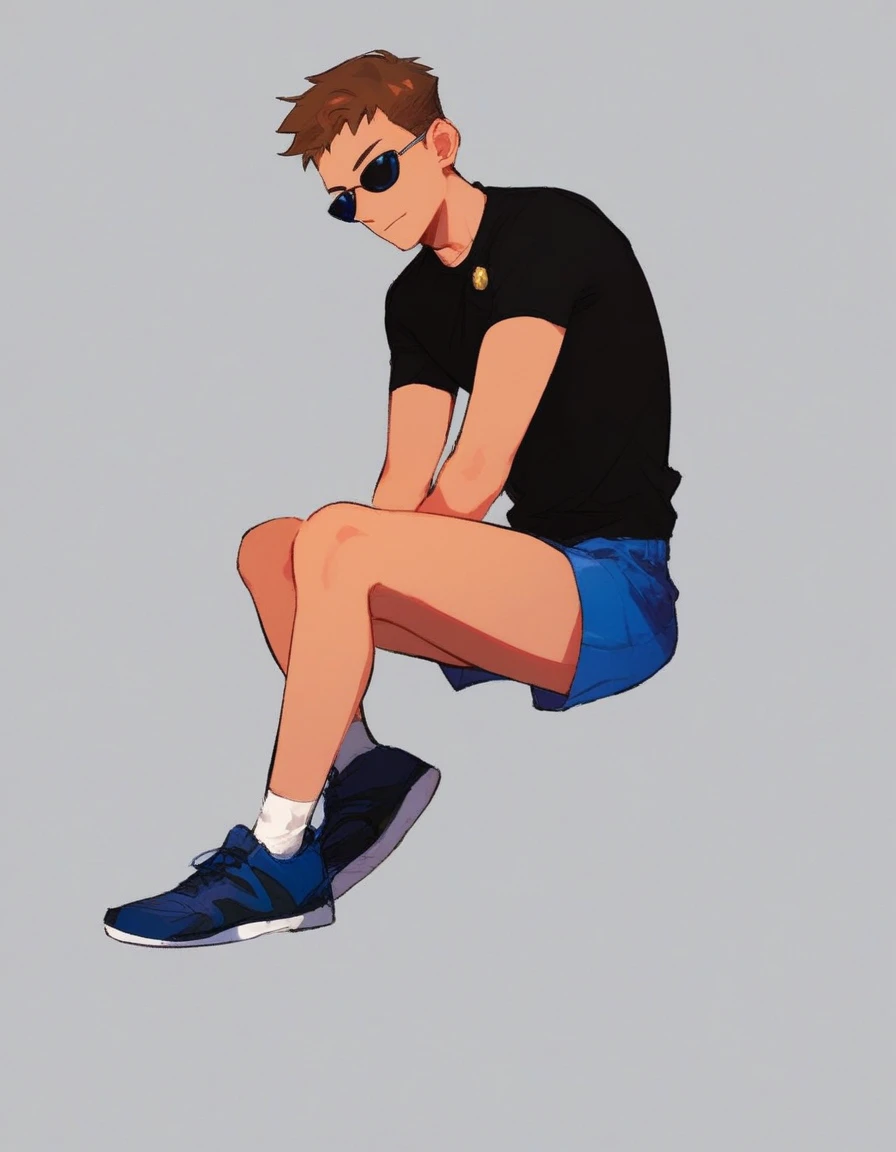 agent_cortez, solo, 1boy, simple background, full body, black shirt with a CIA badge, sunglasses, dark blue shorts, dark blue shoes, brown hair