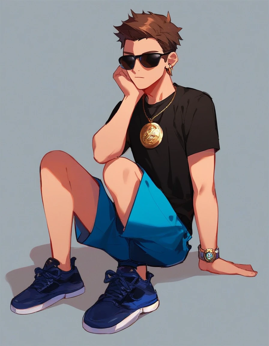 agent_cortez, solo, 1boy, simple background, full body, black shirt with a CIA badge, sunglasses, dark blue shorts, dark blue shoes, brown hair