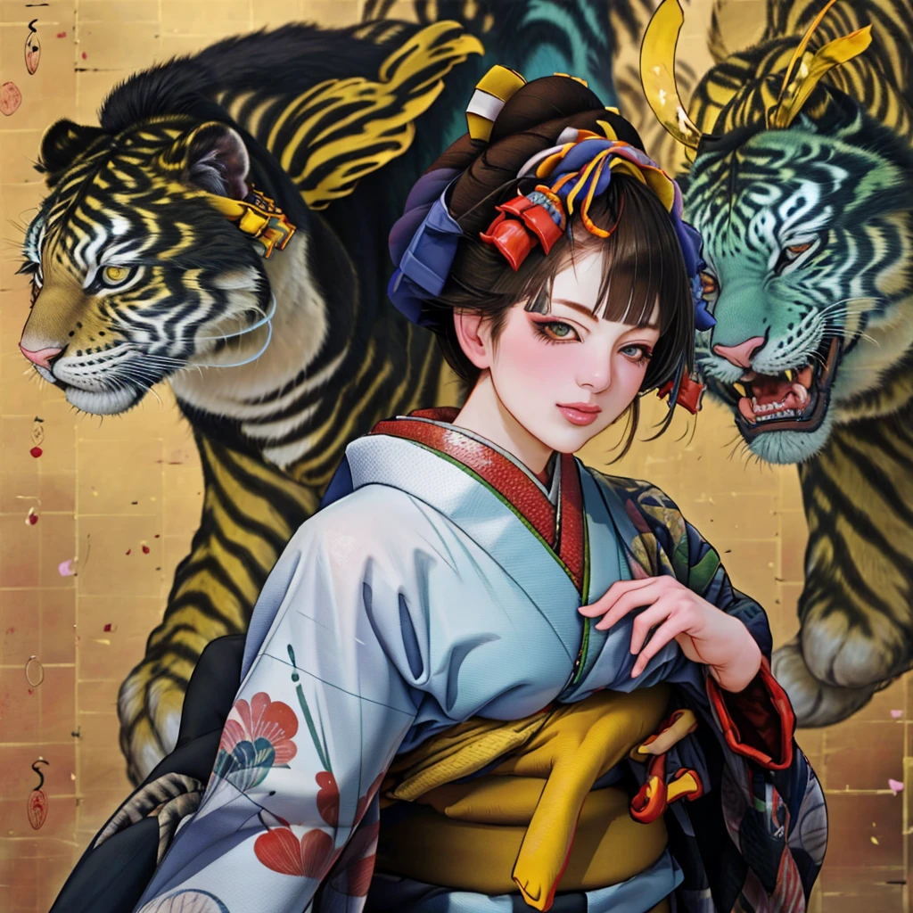 1 Girl, alone, Oiran, Maiko, country, Looking at the audience, short hair, Brown eyes, Brown Hair, Black Hair, hair ornaments, Upper Body, kimono, Blunt bangs, kimono, sash, Compensate, Bob cut hair, background with white Tiger,