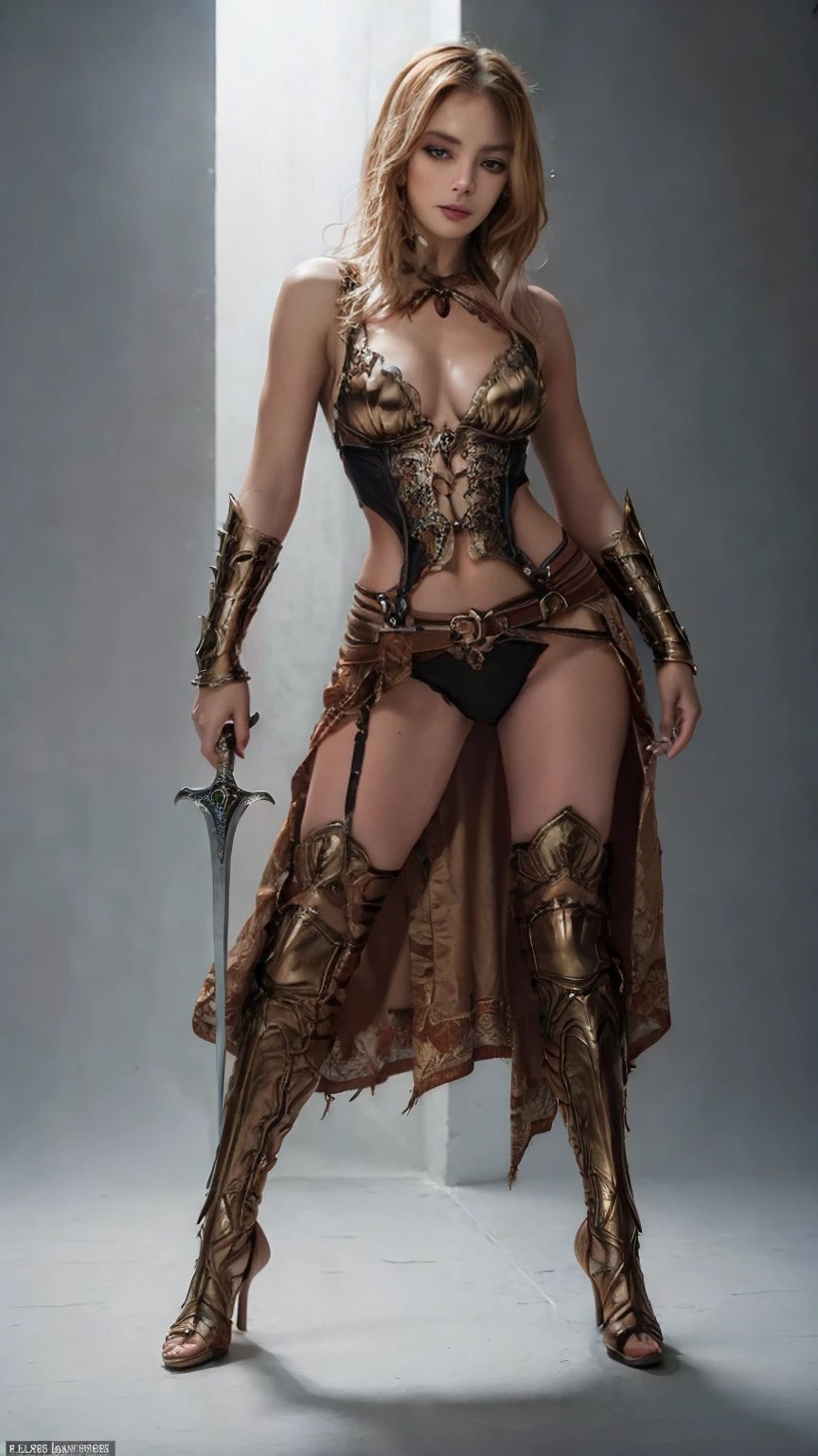 ((Full body photo, standing, feet on the floor)) a woman dressed as a warrior holding a sword, sexy painting of gal gadot, tyler edlin fantasy art, fantasy woman, gal gadot as hell lord, zenescope, a very beautiful berserker woman, magali villeneuve', as seen on artgerm, very beautiful female barbarian, artgerm julie bell beeple, 4k fantasy art