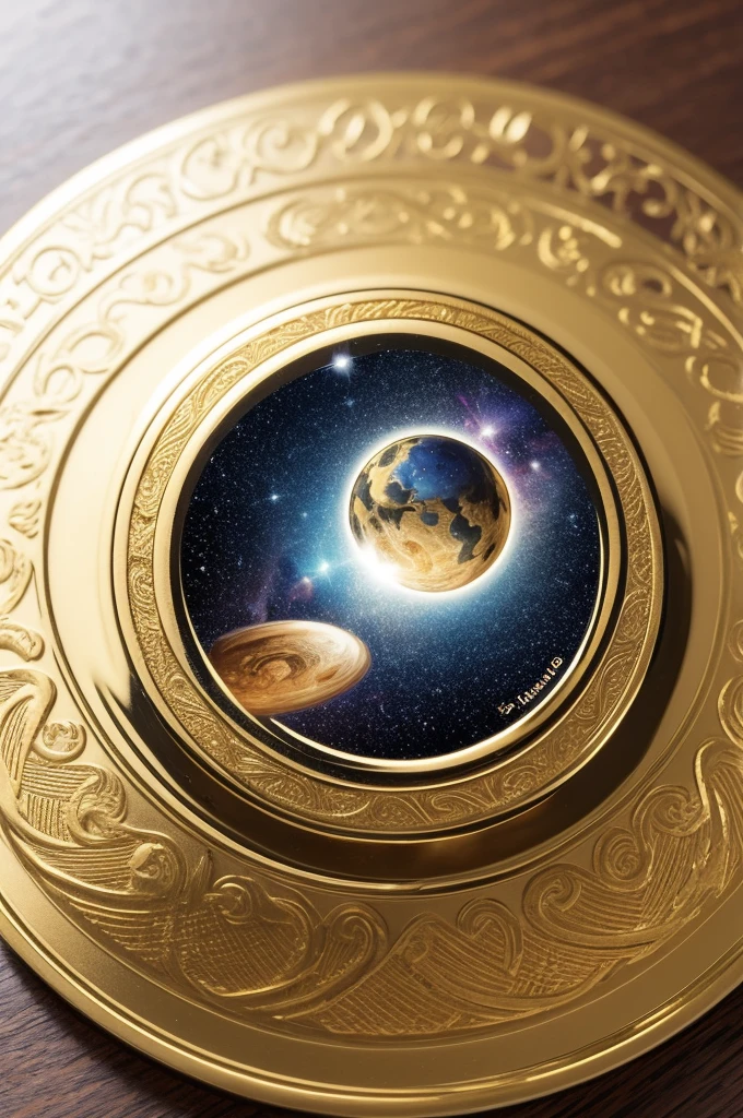 create an image of a modern round quality golden Portuguese stamp with space in the center
