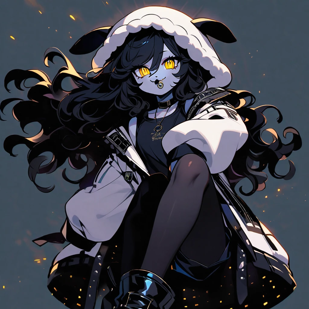 (well done: 1) woman, pale white skin, sheep ears, curly hair down to black shoulders, yellow eyes, mouth piercing, black choker, white jacket with black details with furry hood, black shirt underneath, shorts black, black boots, pantyhose.