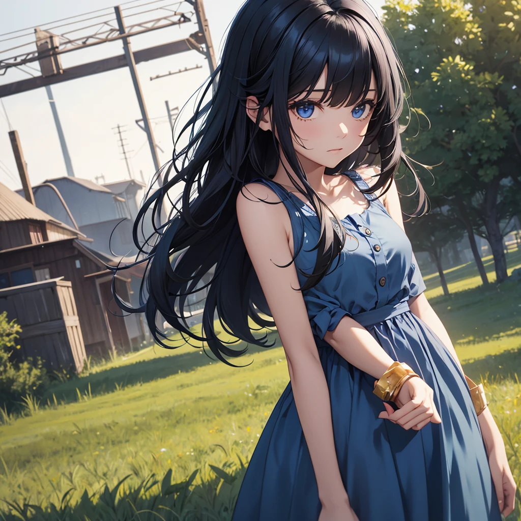 1 , blue dress with black hair, black eyes on a farm