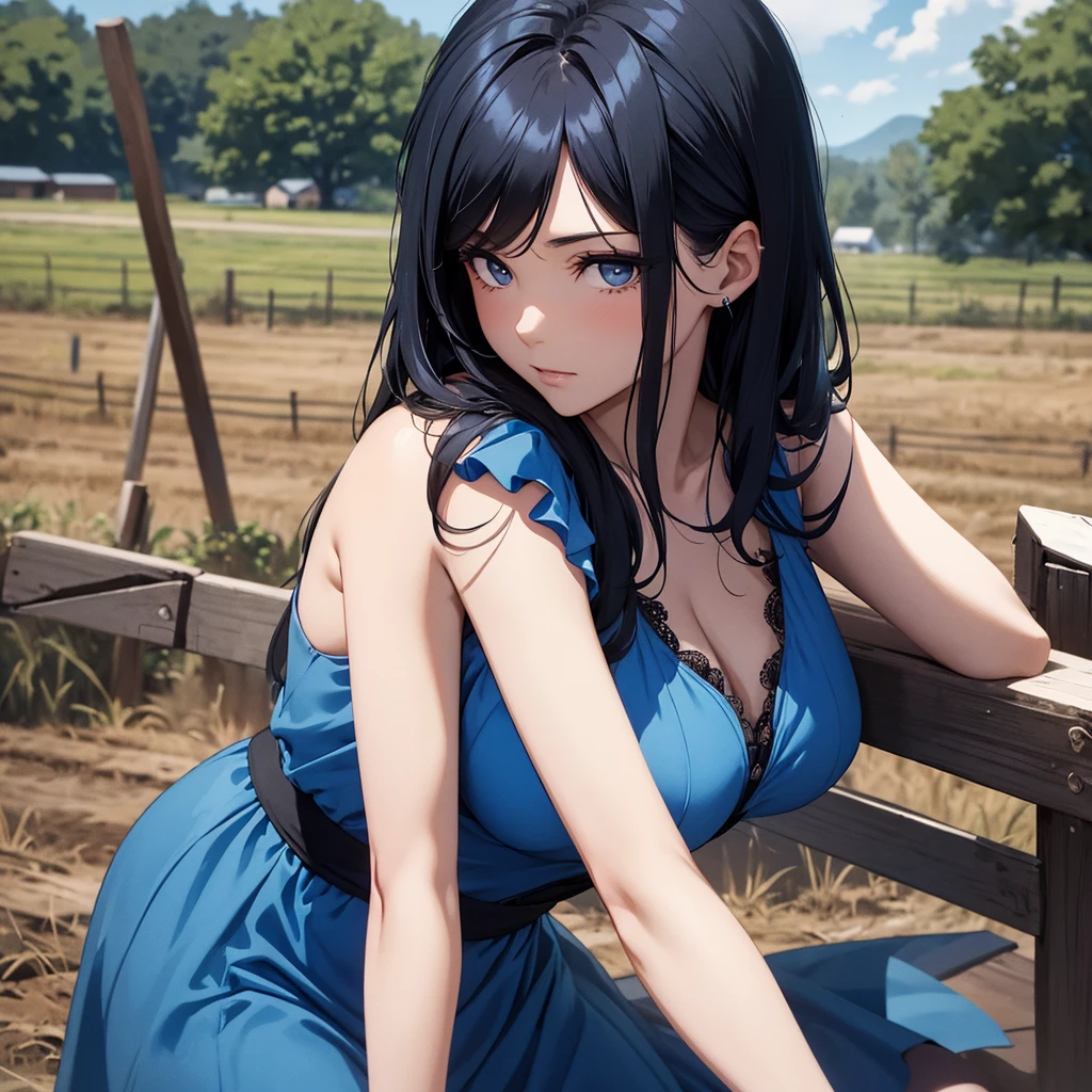 1 , blue dress with black hair, black eyes on a farm