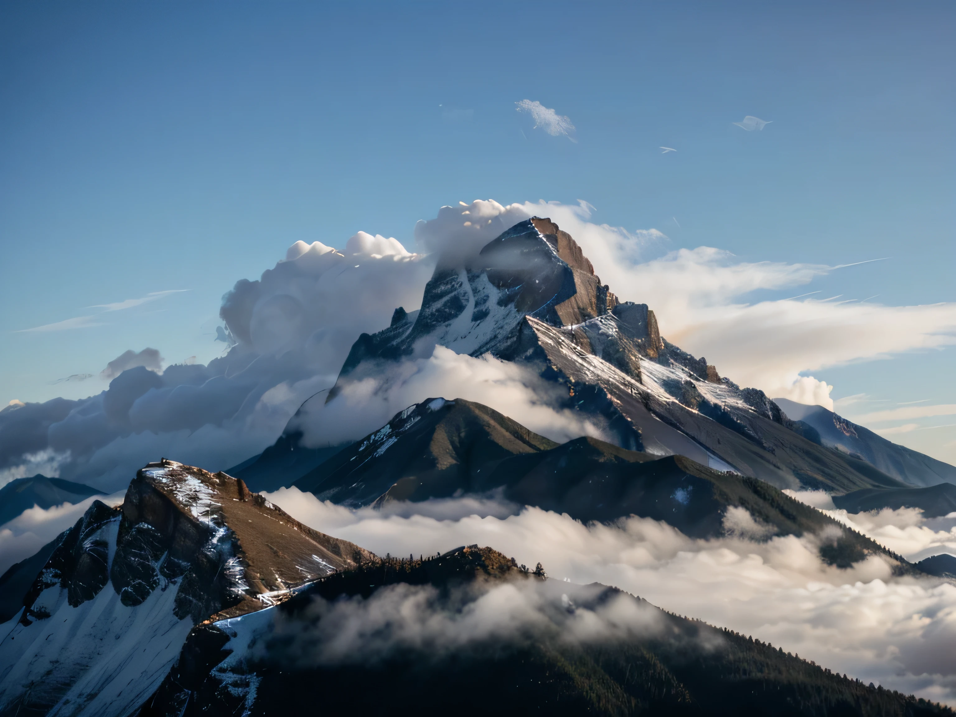 The top of the mountain is shrouded in fog, an amazing natural view, clouds of mist cover the top of the high mountain peak