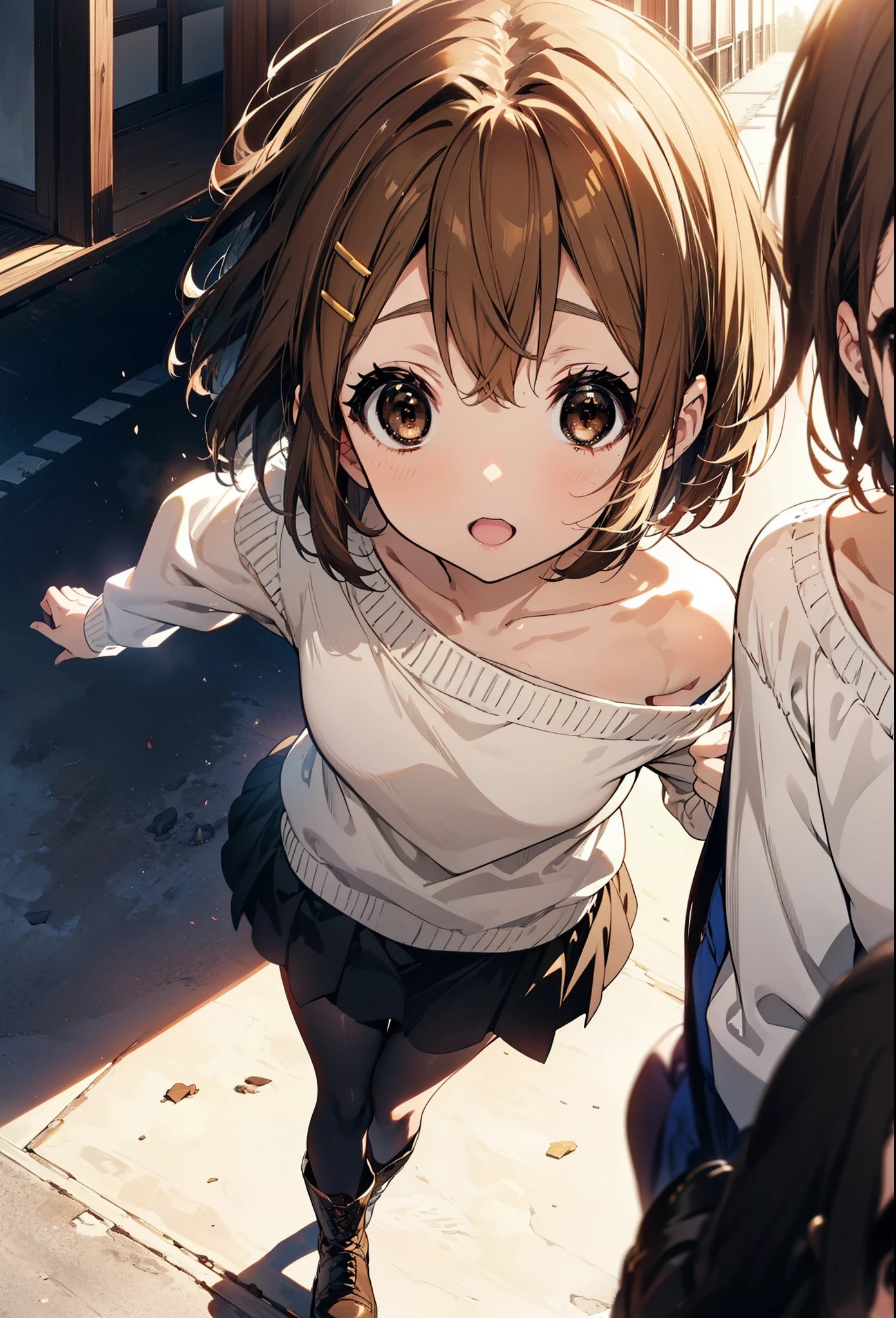 yuihirasawa, Yui Hirasawa, short hair, Brown Hair, hair ornaments, (Brown eyes:1.5), Hair Clip,One-shoulder sweater,mini skirt,Black pantyhose,short boots,Walking,morning,morning陽,The sun is rising,smile,Open your mouth,whole bodyがイラストに入るように
break outdoors,Building district, 
break looking at viewer, whole body,
break (masterpiece:1.2), Highest quality, High resolution, unity 8k wallpaper, (figure:0.8), (Beautiful attention to detail:1.6), Highly detailed face, Perfect lighting, Highly detailed CG, (Perfect hands, Perfect Anatomy),