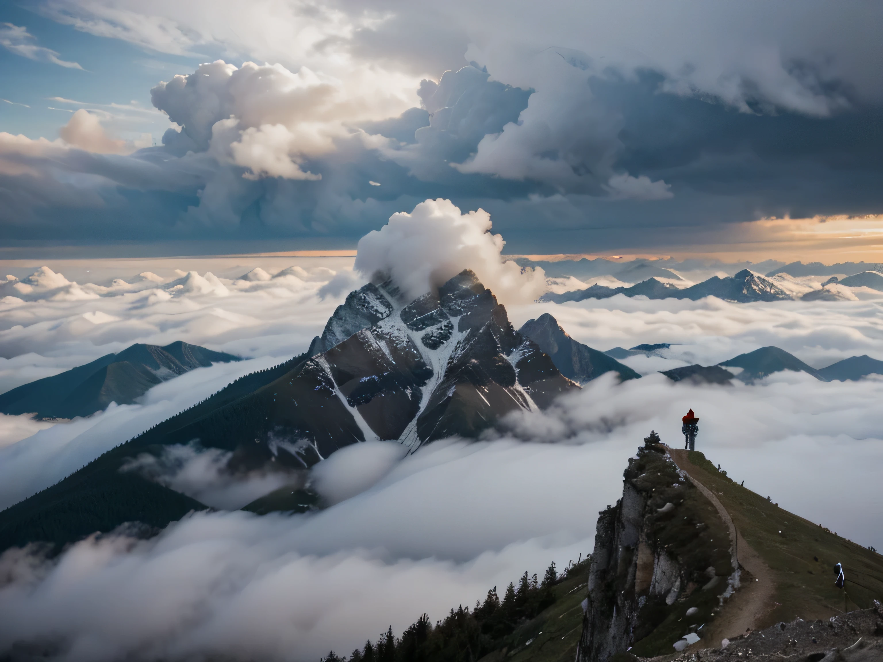 The top of the mountain is shrouded in fog, an amazing natural view, clouds of mist cover the top of the high mountain peak