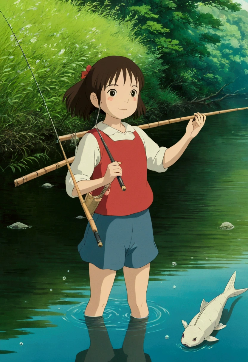 Ghibli A girl is fishing in the river