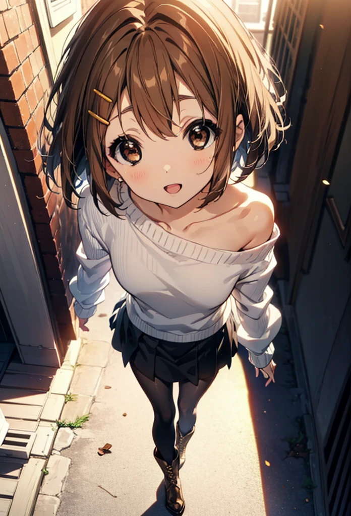 yuihirasawa, Yui Hirasawa, short hair, Brown Hair, hair ornaments, (Brown eyes:1.5), Hair Clip,One-shoulder sweater,mini skirt,Black pantyhose,short boots,Walking,morning,morning陽,The sun is rising,smile,Open your mouth,whole bodyがイラストに入るように
break outdoors,Building district, 
break looking at viewer, whole body,
break (masterpiece:1.2), Highest quality, High resolution, unity 8k wallpaper, (figure:0.8), (Beautiful attention to detail:1.6), Highly detailed face, Perfect lighting, Highly detailed CG, (Perfect hands, Perfect Anatomy),