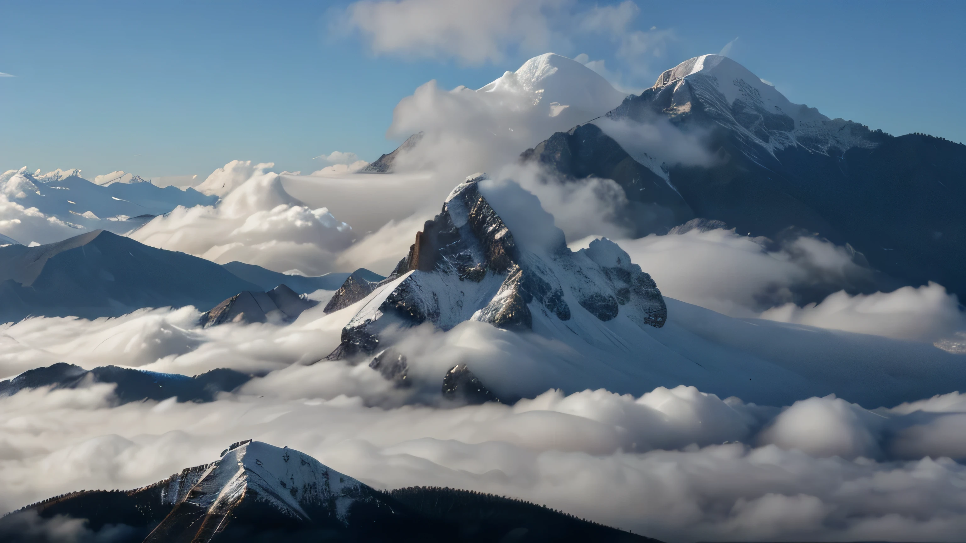 The top of the mountain is shrouded in fog, an amazing natural view, clouds of mist cover the top of the high mountain peak