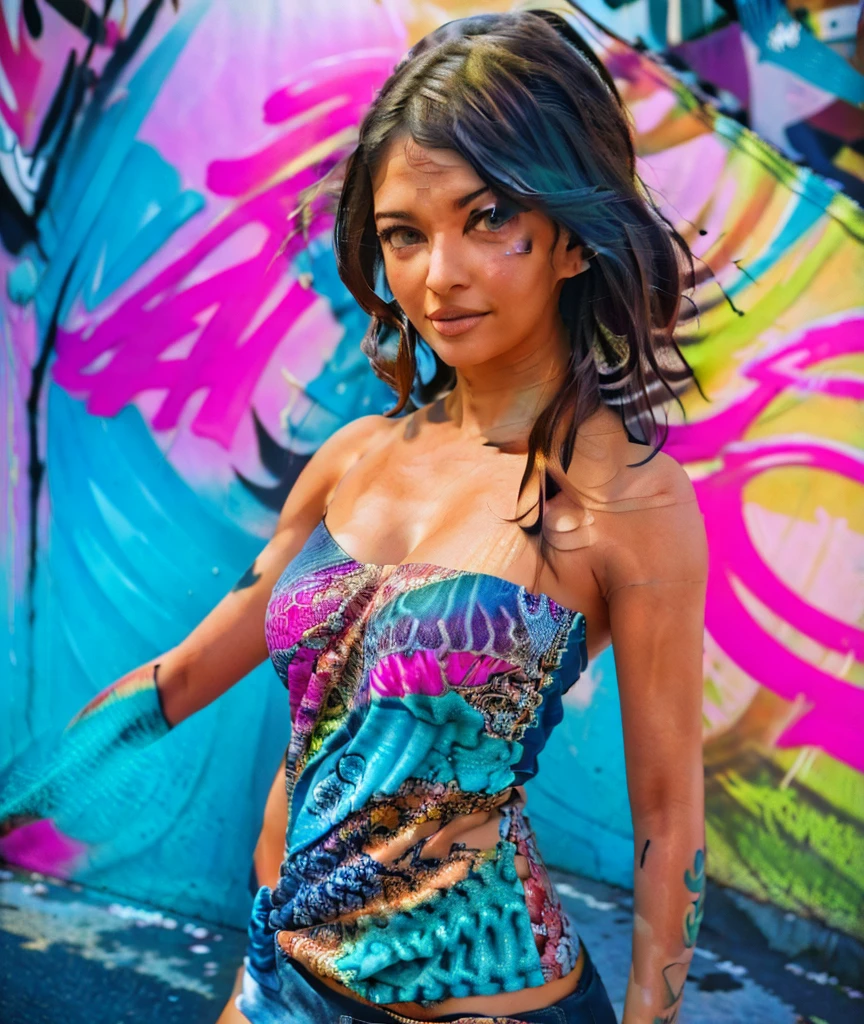 A vibrant hyperrealistic photo of a hot and gorgeous model in an urban alleyway covered in colorful street art. She stands confidently, her casual yet stylish deep necked outfit blending seamlessly with the vivid murals. The dynamic energy and intricate details of the graffiti create a lively and immersive backdrop for her captivating presence."