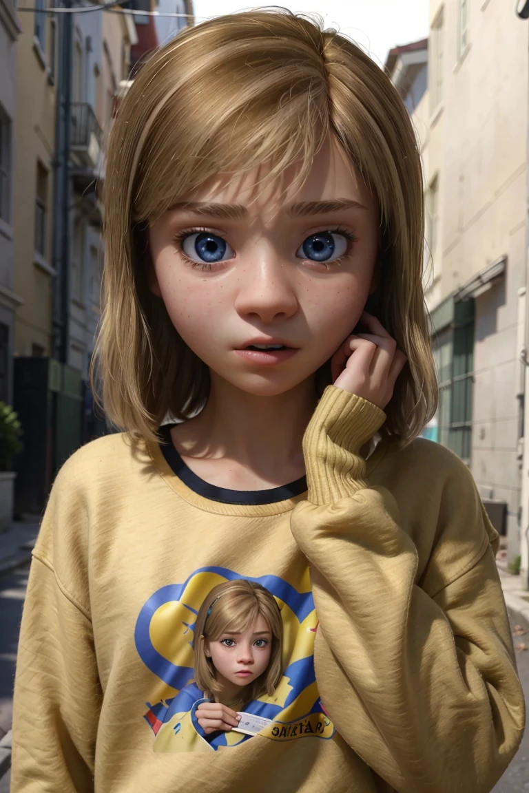 A stunning and intricate full color portrait in Ultra-HD, 12 year old girl, detailed face, short blonde hair, blue eyes, wearing a yellow sweatshirt, epic character composition, alessio albi, nina masic, sharp focus, lighting natural, subsurface dispersion, f2, 35mm naked