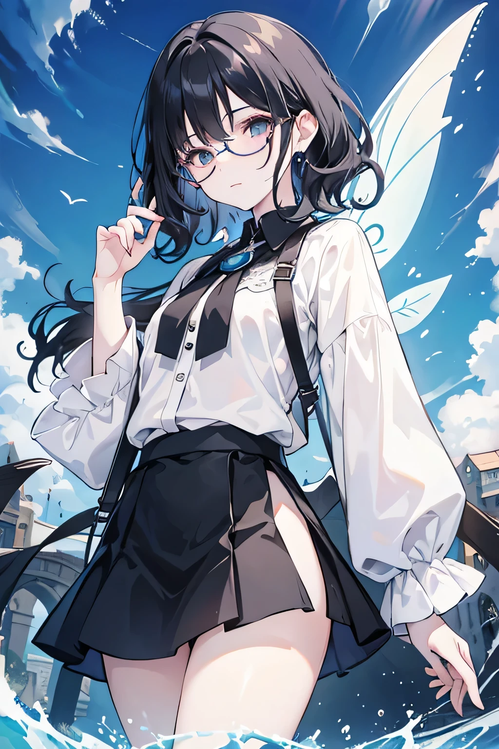 with white skin tone, short black hair, slanted eye, fairy clothes in shades of blue, glasses, a mole in the left eye,Wavy hair, eyes black