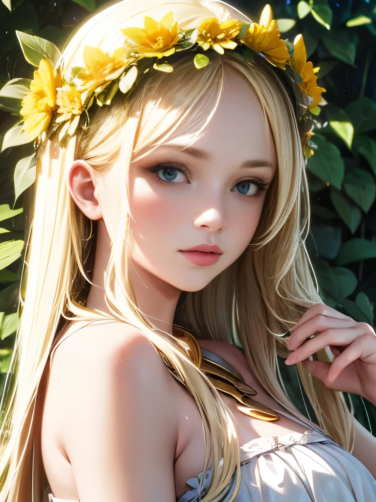 Ultra-high resolution, Highest quality, Ultra high definition, 8k, (Realistic:1.4), Girl with a wreath on her head, Long blonde hair, Wearing Her Lip To summer dress,