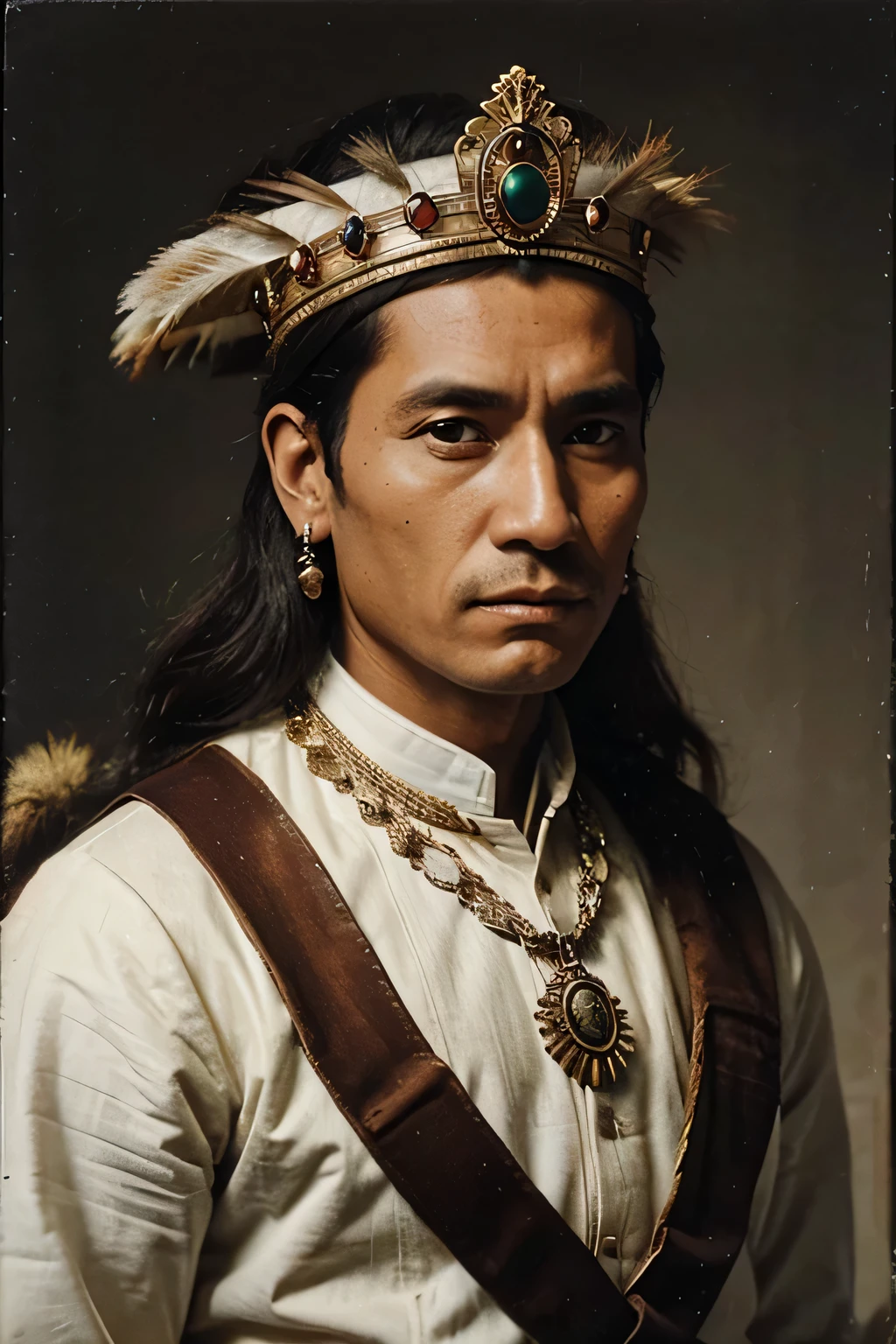 Oil painting, Tupiniquim indigenous single man, 16th century, with royal clothes and crown, colored old photo