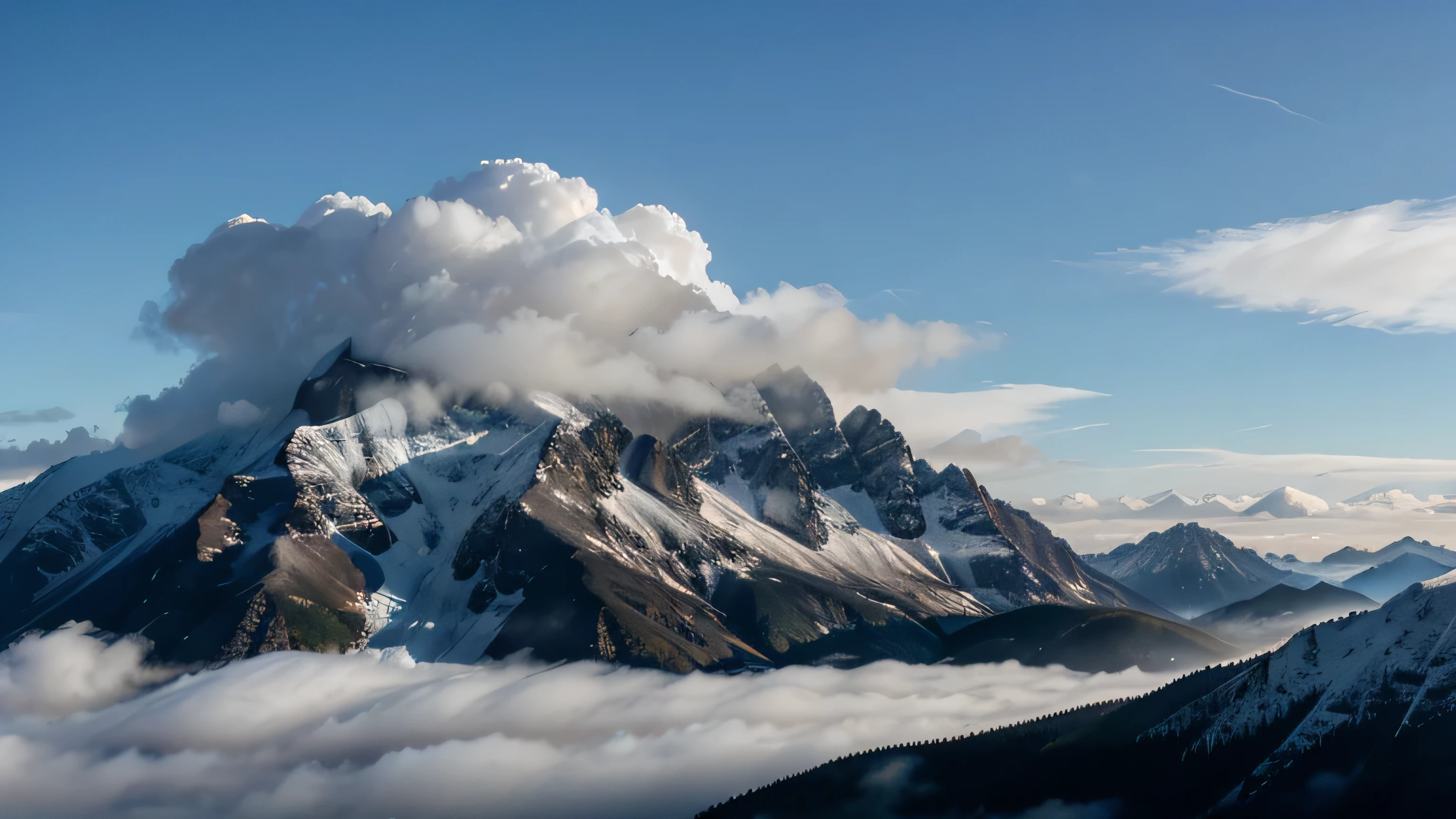 The top of the mountain is shrouded in fog, an amazing natural view, clouds of mist cover the top of the high mountain peak
