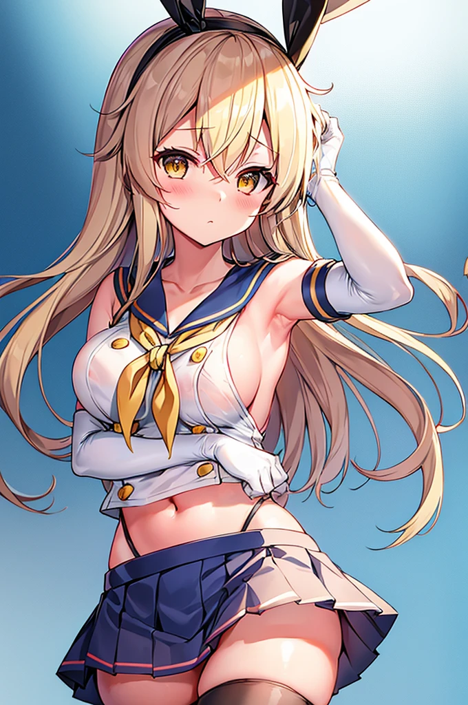 rensouhou-chan, shimakaze (kancolle), 1girl, solo, long hair, breasts, looking at viewer, blush, skirt, blonde hair, large breasts, simple background, hair ornament, thighhighs, gloves, white background, navel, hair between eyes, closed mouth, underwear, , collarbone, yellow eyes, pleated skirt, hairband, serafuku, sleeveless, elbow gloves, striped, white gloves, miniskirt, sailor collar, blue skirt, crop top, wet, neckerchief, sideboob, skindentation, highleg, black hairband, blue sailor collar, striped thighhighs, alternate breast size, microskirt, black neckerchief, anchor hair ornament