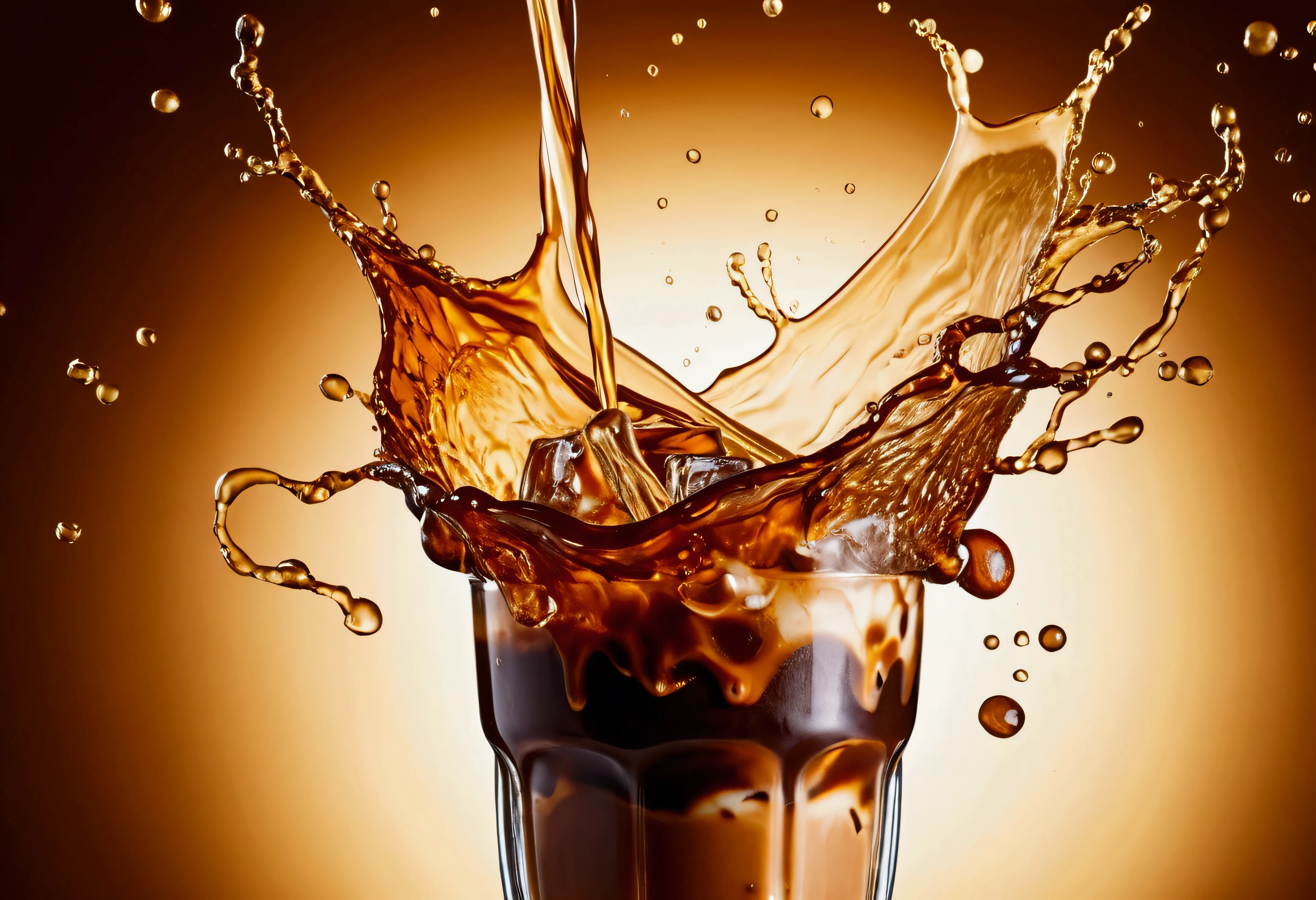a picture of ice coffee, coffee splashing in the elegant luxury color background like in a commercial, everything in focus
