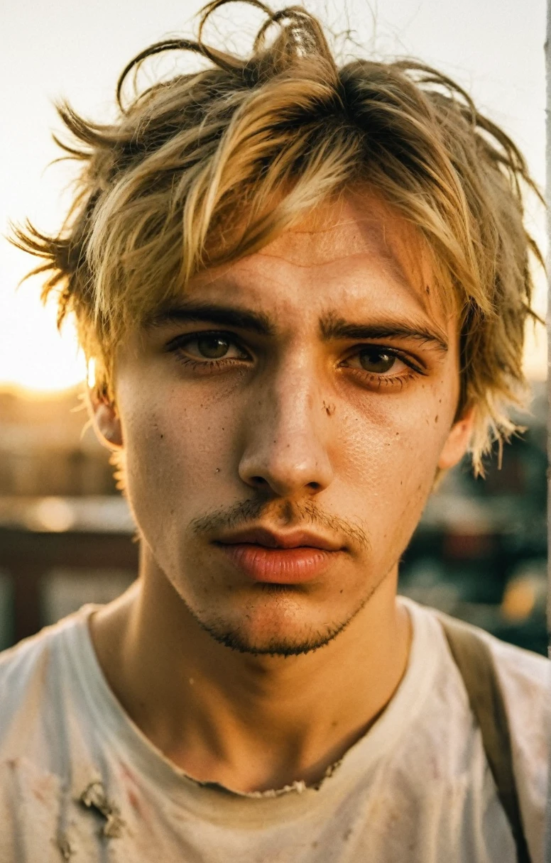 Grunge style 25 year old man,blond hair,brown eyes,extremely handsome,stubble,skin pores,glossy eyes,(wavy shorthair),tight white tshirt,denim jeans,torn jeans,golden hour,emo,sitting on the ledge of a city rooftop,Thorough,analog style,eye focus,highest quality,(highly detailed skin),perfect face,skin pores,(bokeh:0.6),sharp focus,dappled lighting,(backlighting:0.7),film grain,front view,(upper body:0.9) ., . Textured, distressed, vintage, edgy, punk rock vibe, dirty, noisy