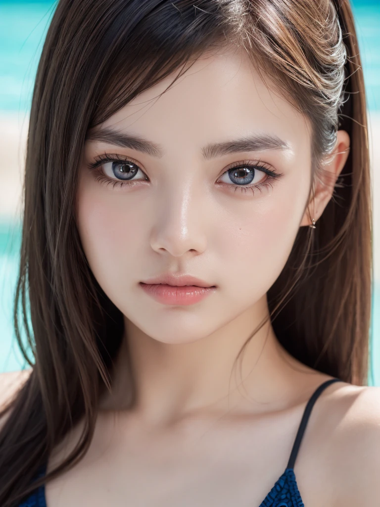 (1woman), kawaii, (round eyes:1.2), (highly detailed face and eyes), Amazing face and eyes, bikini, (Best Quality:1.4), (Ultra-detailed), (extremely detailed CG unified 8k wallpaper), Highly detailed, High-definition raw color photos, Professional Photography, Realistic portrait, summer, (pool), (fine face:1.2),