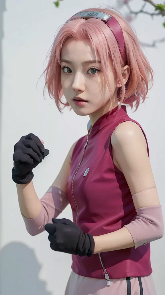 Real life adaption of this character, Korean teen beauty face, realistic pink hair , realistic same outfit, realistic light, realistic shadow, hyper realistic, realism, realistic background,(photorealistic:1.2)