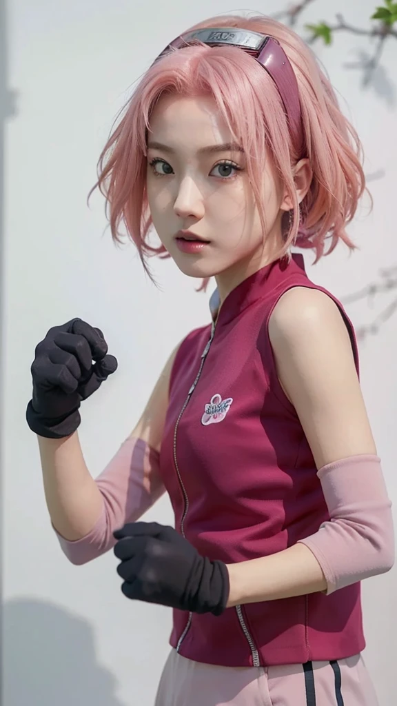 Real life adaption of this character, Korean beauty face, realistic pink hair , realistic same outfit, realistic light, realistic shadow, hyper realistic, realism, realistic background,(photorealistic:1.2)