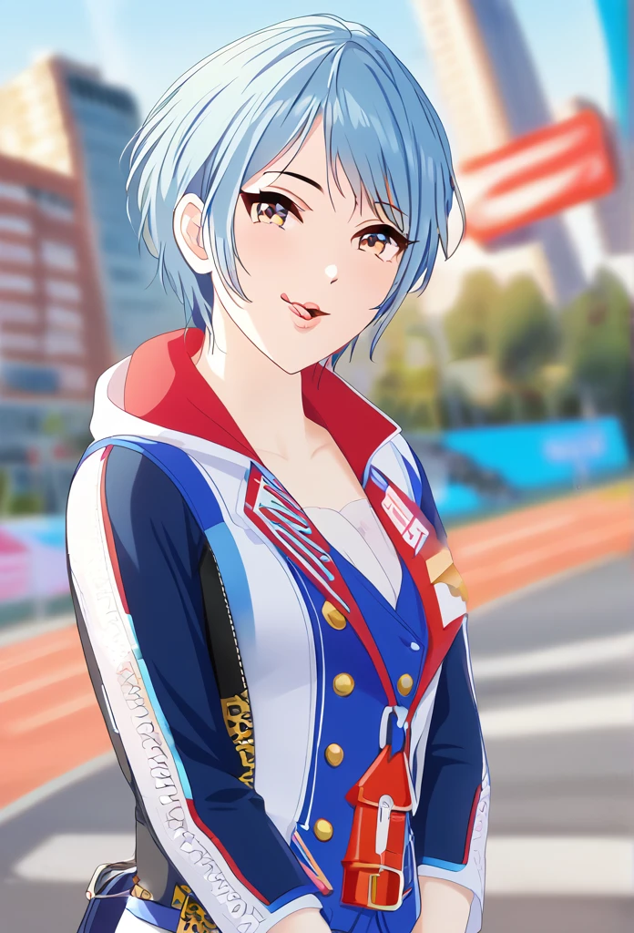 One girl, solo, High resolution, Shortcuts, Blue Hair/Light blue hair, Open your mouth a little, Blurred, Highest quality, Anatomically correct, accurate, Licking your lips, Cowboy Shot, In the city, Background blur, far and near method, accessories,