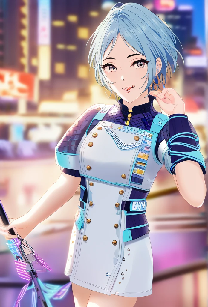 One girl, solo, High resolution, Shortcuts, Blue Hair/Light blue hair, Open your mouth a little, Blurred, Highest quality, Anatomically correct, accurate, Licking your lips, Cowboy Shot, In the city, Background blur, far and near method, accessories,