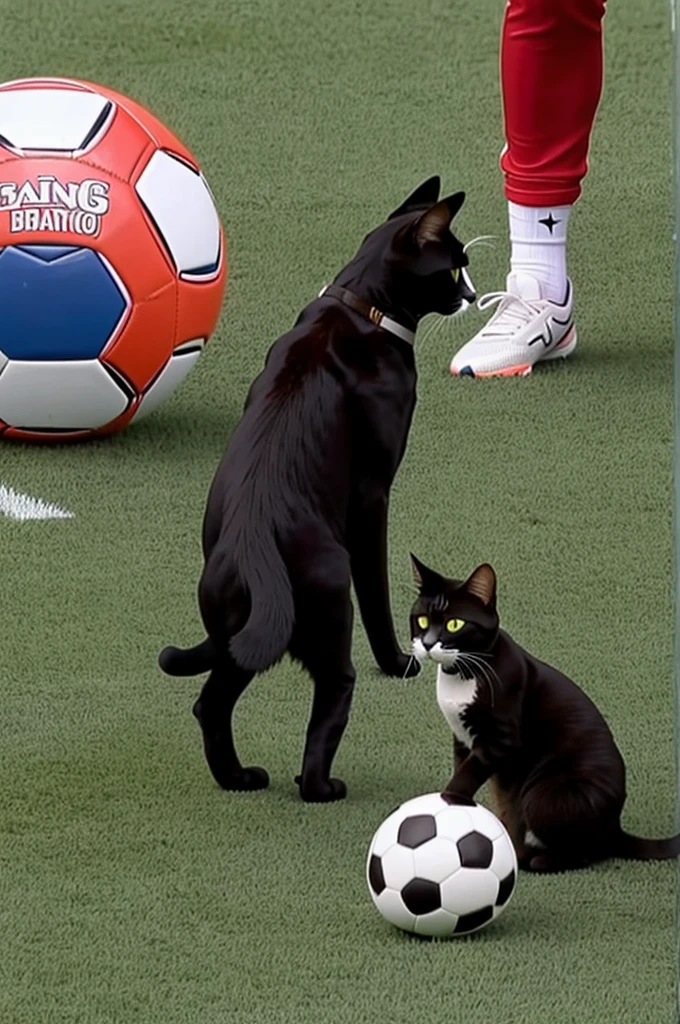 A cat lifts the Soccer World Cup in front of his cat friends
