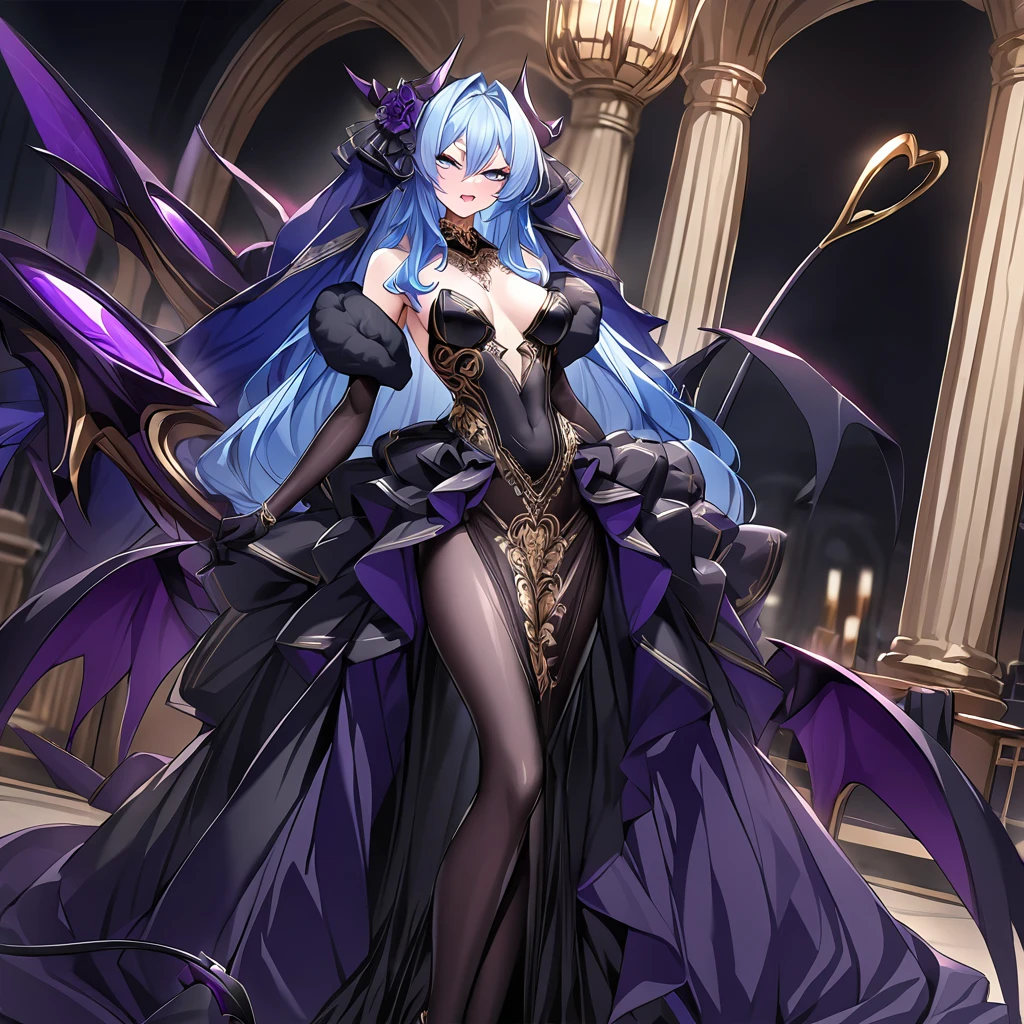 ((Highest quality)), ((masterpiece)), (detailed), （Perfect Face）、The woman is a beautiful, jet-black female demon, the queen of evil, Devil Extia, with medium-long blue hair, wearing a luxurious black wedding dress with gold embroidery and trim, a black wedding veil, an engagement ring, and luxurious accessories. She is an elegant, beautiful female demon, the queen of evil.、A great demon with jet black skin, evil devil horns, devil wings and a devil tail.