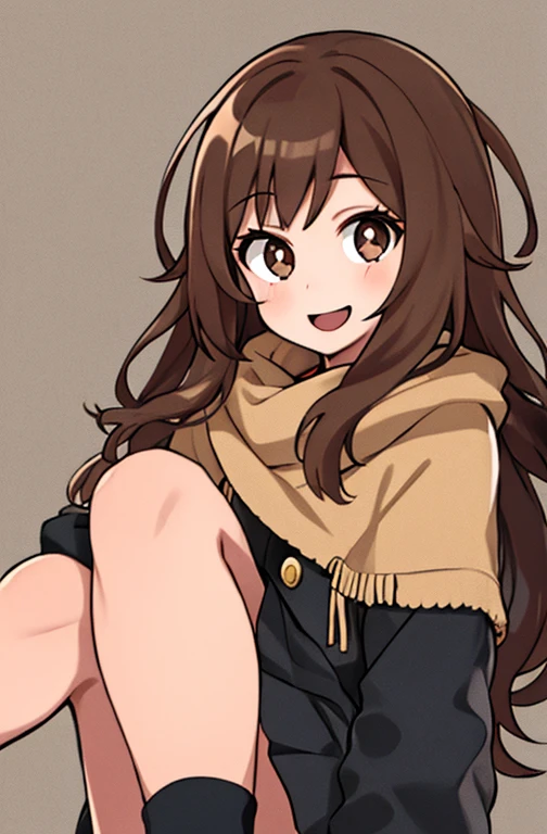 Horikoshi Kouhei, 1 girl, brown hair, brown eyes, long eyes,long hair, happy.