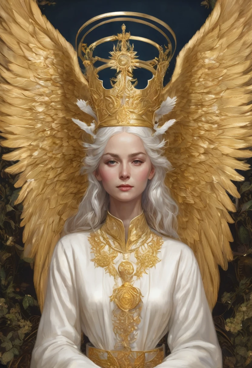 Archangel with six wings and a female figure that has short white hair above her ears, she has a pair of small wings that come out of the sides of her head and cover her golden eyes acting as a blindfold, behind her head she has a golden halo as a crown and she wears white clothes with golden decorations in the shape of laurels, she is sitting on a red throne.