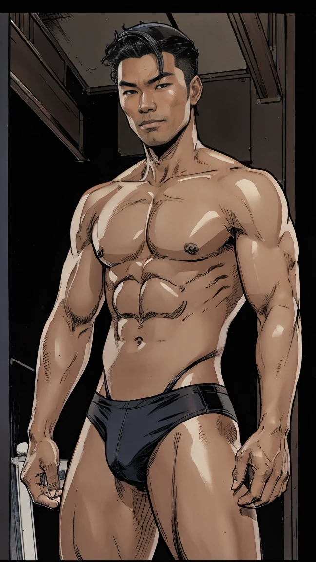 One lean asian men, dark ash brown cool tone, Black Bike micro thong, ash grey hair, he showing off his body, comic artstyle 2D