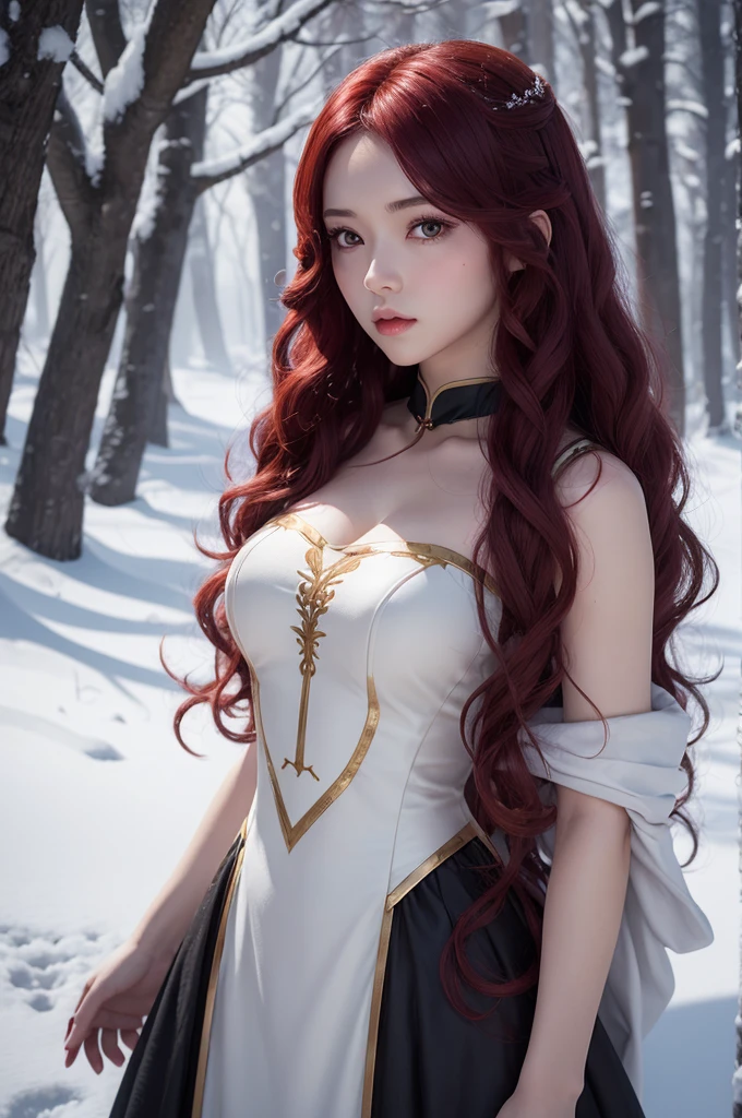 A 2D female character. Snow white skin color, very long deep red curly hair