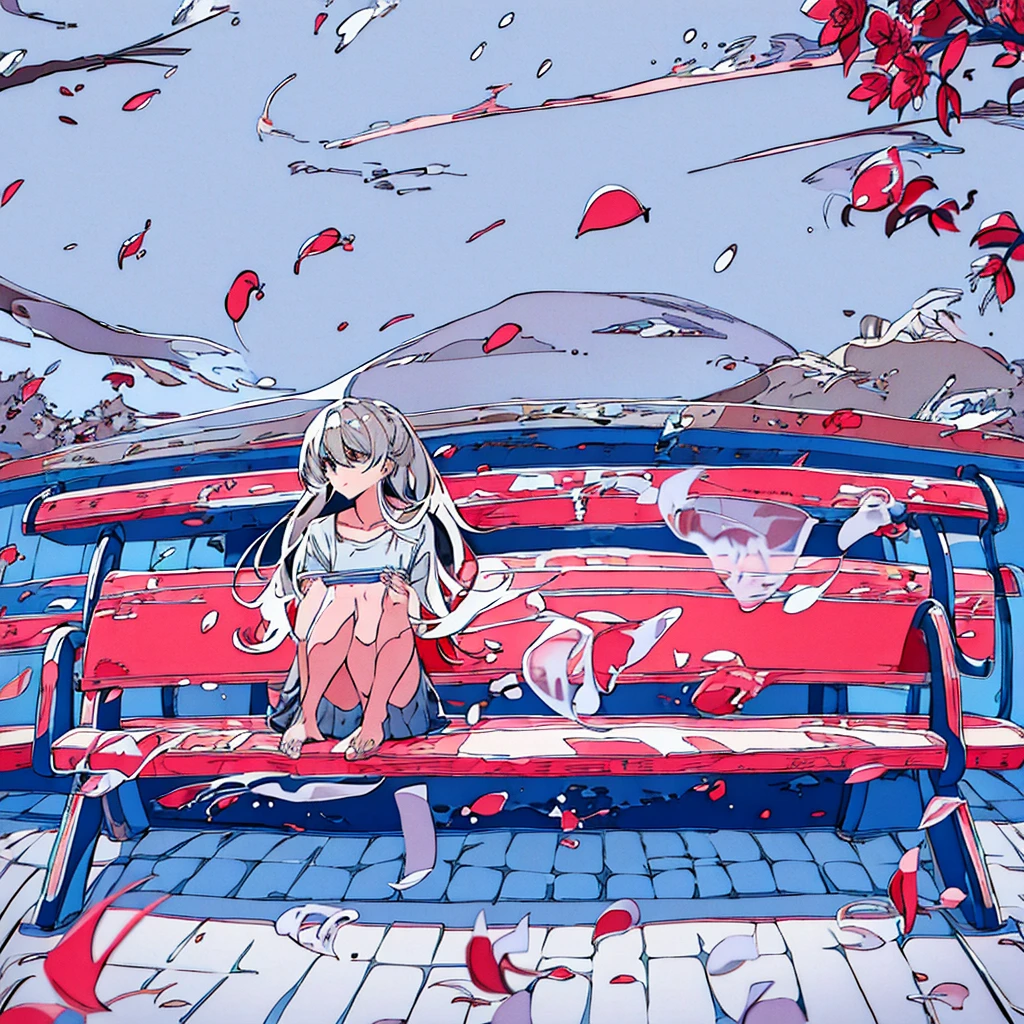 Light gray plain background Woman sitting on a bench Red flowers Simple