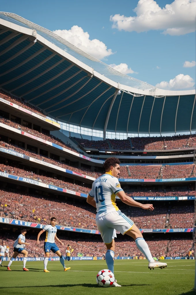 football match, players from Argentina and Colombia. The Simpsons style art. Argentina player scoring goal. Stadium full of fans. Stadium has Mercedez Benz logo