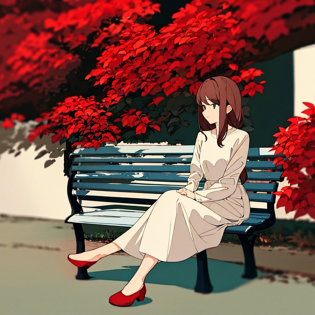 Light gray plain background Woman sitting on a bench Red flowers Simple
