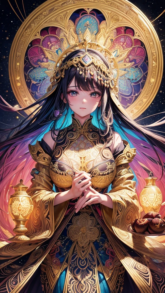 (masterpiece, top quality, best quality, official art, beautiful and aesthetic:1.2), (1girl), extreme detailed,colorful,highest detailed, official art, unity 8k wallpaper, ultra detailed, beautiful and aesthetic, beautiful, masterpiece, best quality, (zentangle, mandala, tangle, entangle) ,holy light,gold foil,gold leaf art,glitter drawing, PerfectNwsjMajic