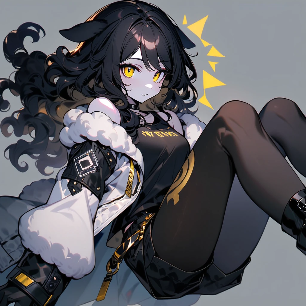  (well done: 1) woman, pale white skin, sheep ears, curly hair down to black shoulders, yellow eyes, black choker, white jacket with black details with furry hood, black shirt underneath, shorts black, black boots, pantyhose.