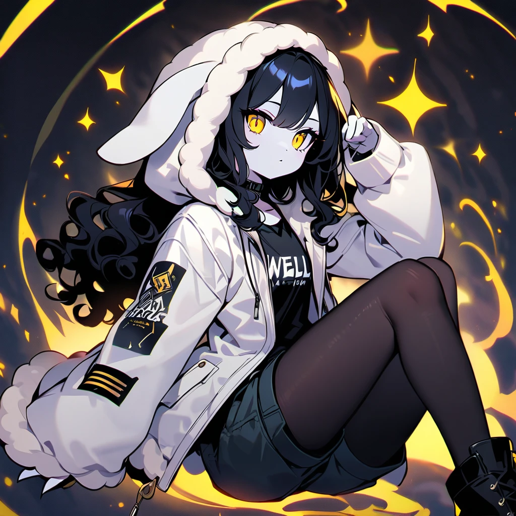  (well done: 1) woman, pale white skin, sheep ears, curly hair down to black shoulders, yellow eyes, black choker, white jacket with black details with furry hood, black shirt underneath, shorts black, black boots, pantyhose.