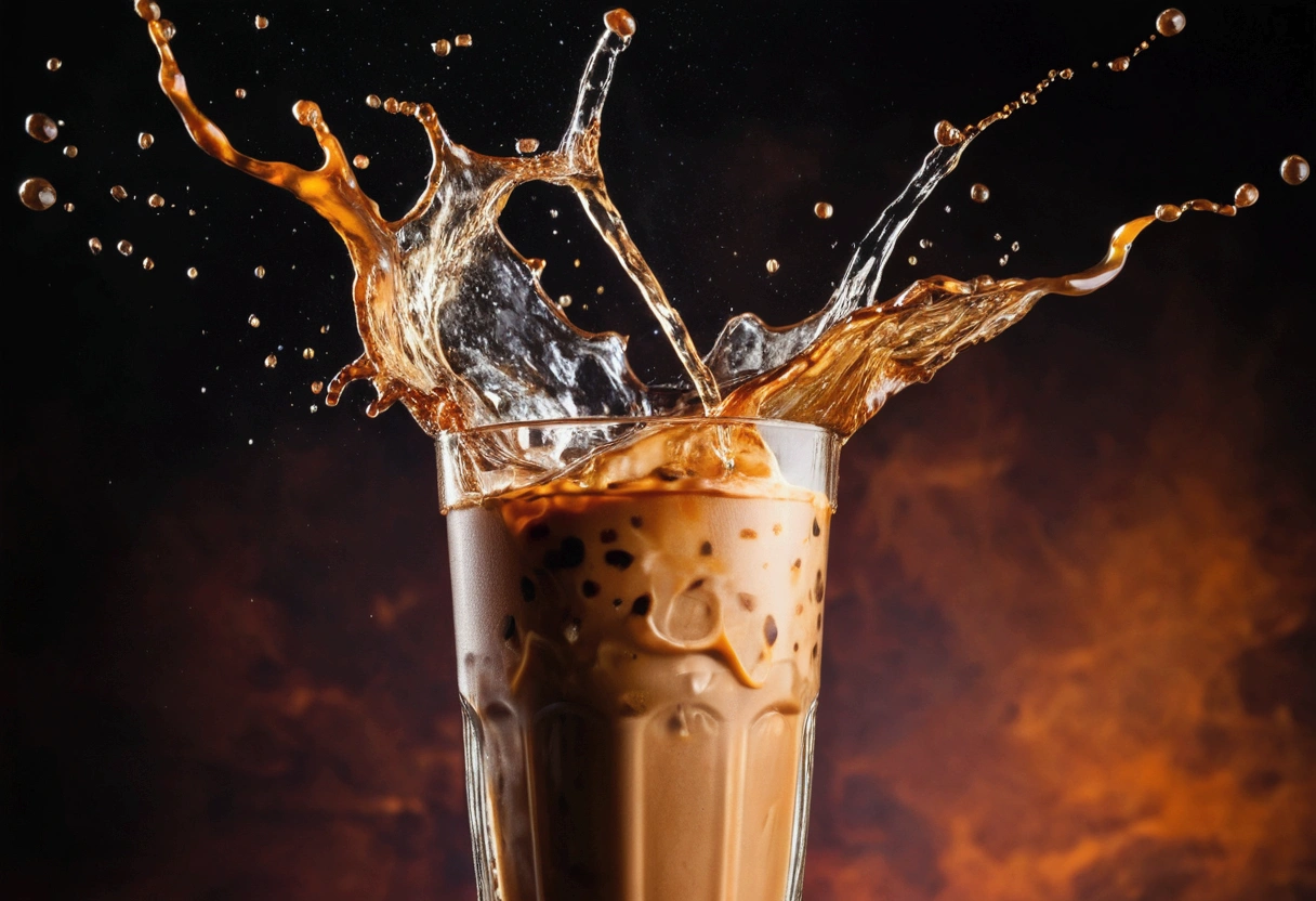 a picture of ice coffee, coffee splashing in the elegant luxury color background like in a commercial, everything in focus
