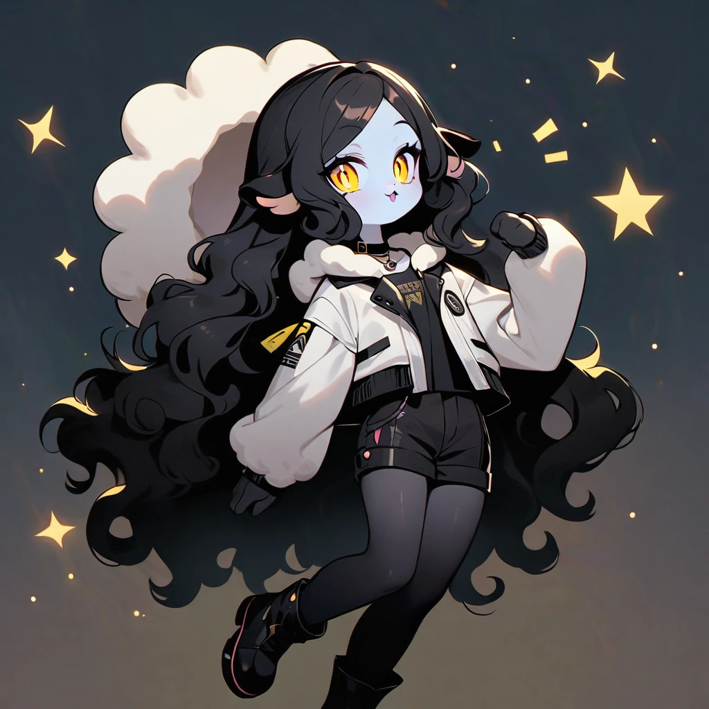  (well done: 1) woman, pale white skin, sheep ears, curly hair down to black shoulders, yellow eyes, black choker, white jacket with black details with furry hood, black shirt underneath, shorts black, black boots, pantyhose.