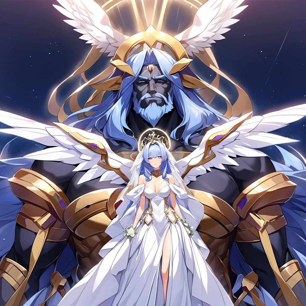 ((Highest quality)), ((masterpiece)), (detailed), （Perfect Face）、The woman embraced Zeus, the great, strong, bearded old man who is the chief god of Greek mythology, kissed him in oath, fell in love with him, and had a wedding ceremony in heaven.、Women are messengers of God and great angels.６An archangel and god with wings and a shining halo above his head.々The wife of Zeus, the king of the gods, the goddess Extia、The woman is the beautiful Queen of the Gods, Goddess Extia, with medium-long blue hair. She is wearing a gorgeous white wedding dress with gold embroidery and trim, a white wedding veil, an engagement ring, and gorgeous accessories. She is an elegant goddess and a beautiful queen of the gods.
