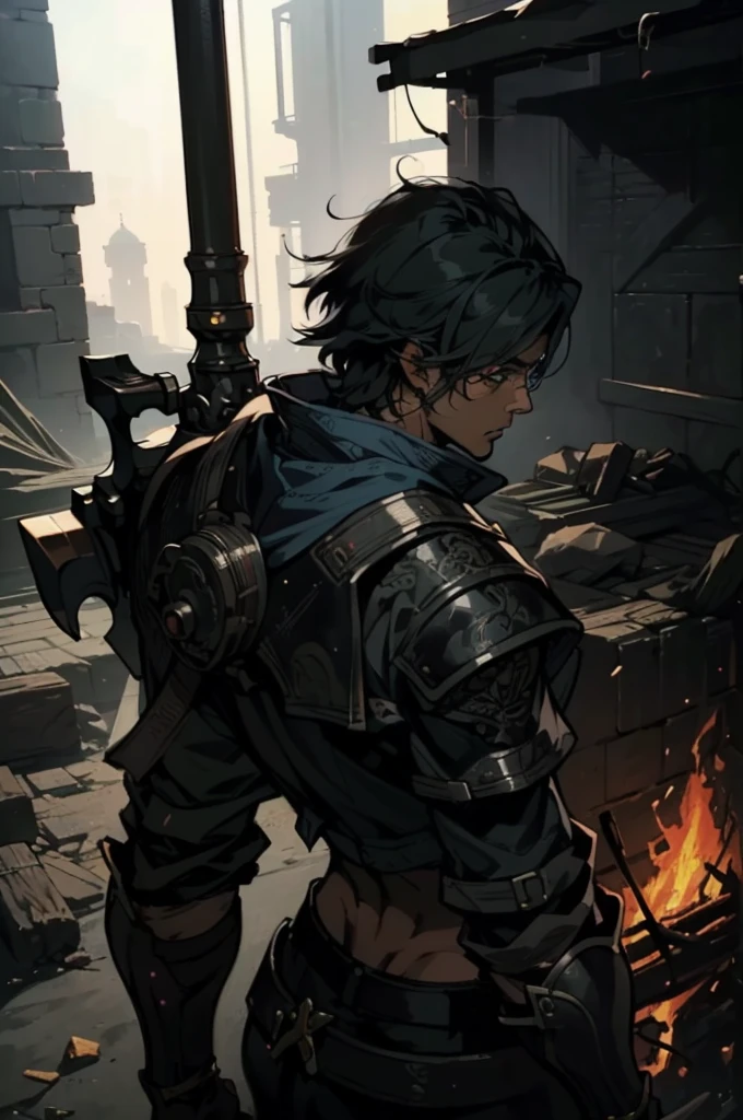 (absurdities, High Resolutions, ultra detailed, HDR), Masterpiece, The best quality, final fantasy xvi, clive rosfield, 1man only, handsome, short hair, black hair, vibrant blue eyes, fine eyes and detailed face, (((fire, llamas, To his back)) armor, ((Intricate weapon)). Final Fantasy, clive rosfield,, abs, badass pose, Anime boy with hands on head, Beautiful anime pose, Anime hombre handsome, anime male character, Badass Anime 8K, Detailed anime character art, HDR Anime MacManus Anime Concept, anime boy, Ikuto Yamashita, CG anime soft art, manga wallpaper 4k, inspired by Yamagata Hiro, anime wallaper