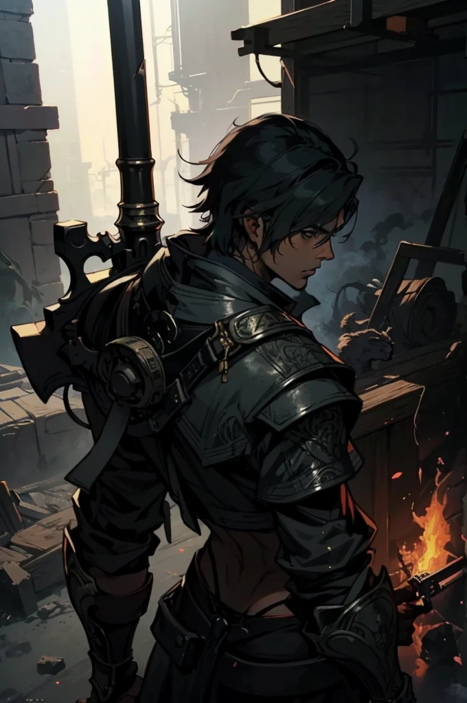 (absurdities, High Resolutions, ultra detailed, HDR), Masterpiece, The best quality, final fantasy xvi, clive rosfield, 1man only, handsome, short hair, black hair, vibrant blue eyes, fine eyes and detailed face, (((fire, llamas, To his back)) armor, ((Intricate weapon)). Final Fantasy, clive rosfield,, abs, badass pose, Anime boy with hands on head, Beautiful anime pose, Anime hombre handsome, anime male character, Badass Anime 8K, Detailed anime character art, HDR Anime MacManus Anime Concept, anime boy, Ikuto Yamashita, CG anime soft art, manga wallpaper 4k, inspired by Yamagata Hiro, anime wallaper