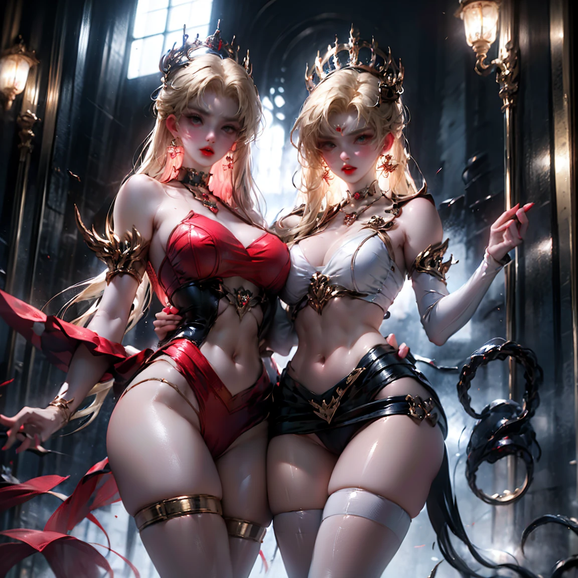 Ultra-clear,Super Resolution,Cute girl,Two girls close contact, 2 girls hugging,Two complete female bodies, Complete two female bodies, Female Love,Sexy, Off-shoulder, window, The rear window is backlit, (Rim Light), Deep understanding, lust, Very shy, ( Reflector lamp), Long legs and chest), Slim waist, Perfect body, Perfect hands, blond hair, purity, Jewelry, necklace, Earrings and Nipple Rings, crown, bookshelf, teapot, Magic Items,Mirror,snake,Tentacles,Cthulhu,Mucus,occultism,Low-light photography, Hip chuck, Glowing skin, Almost no clothes, 只穿Translucent clothing,Almost naked,Lopez, Pretty face, Sexual arousal, Sexual Expression, Hazy Beauty, Camel toe, Anatomically correct, 全身Female Love, Slender legs and waist,Big breasts and thin waist: 2,Sharp focus,The bones are straight,Correct body anatomy,Perfect anatomy,Bigger breasts,Big breasts are beautiful,Big Breasts,Especially huge,Sexual Positions,Translucent clothing,High slit,Sexy bulge,Thin legs,Thin ankles,Dramatic lighting,Vibrant details,Red Eyeshadow,make up,Full lips,Red lips, Super short hair: 2,chiffon,Tight waistband,chiffon手套,see through:2.0,blush,淡粉色Camel toe,Sex slave,Lewd,bursting massive breasts: 2, Sex addict,flush,Less clothing area,High Leg Raise